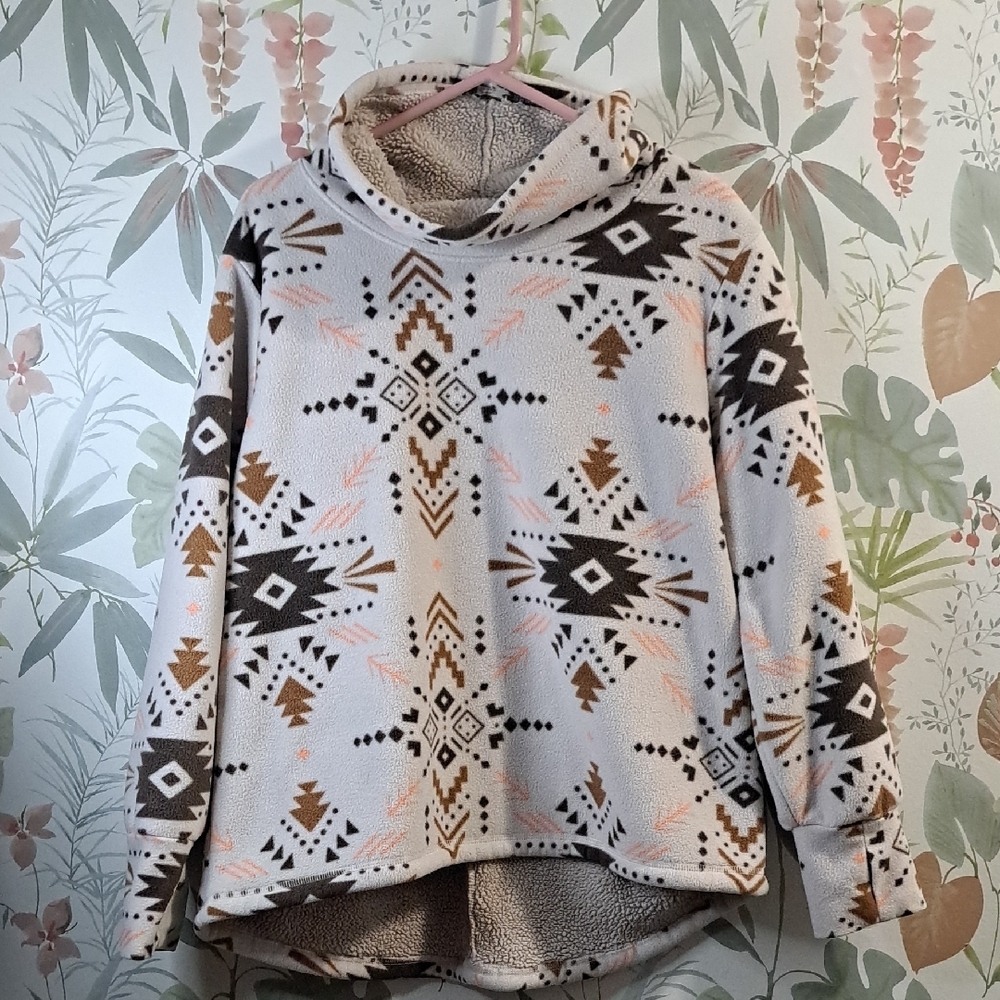 Avalanche Beige Aztec Geometric Cowl Neck Sweater Faux Sherpa Lining Sz Large